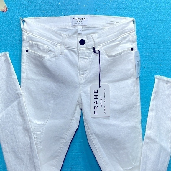 FRAME Denim Le Skinny Jefferson White Distressed Raw Hem Designer Jeans 26 - Picture 8 of 11